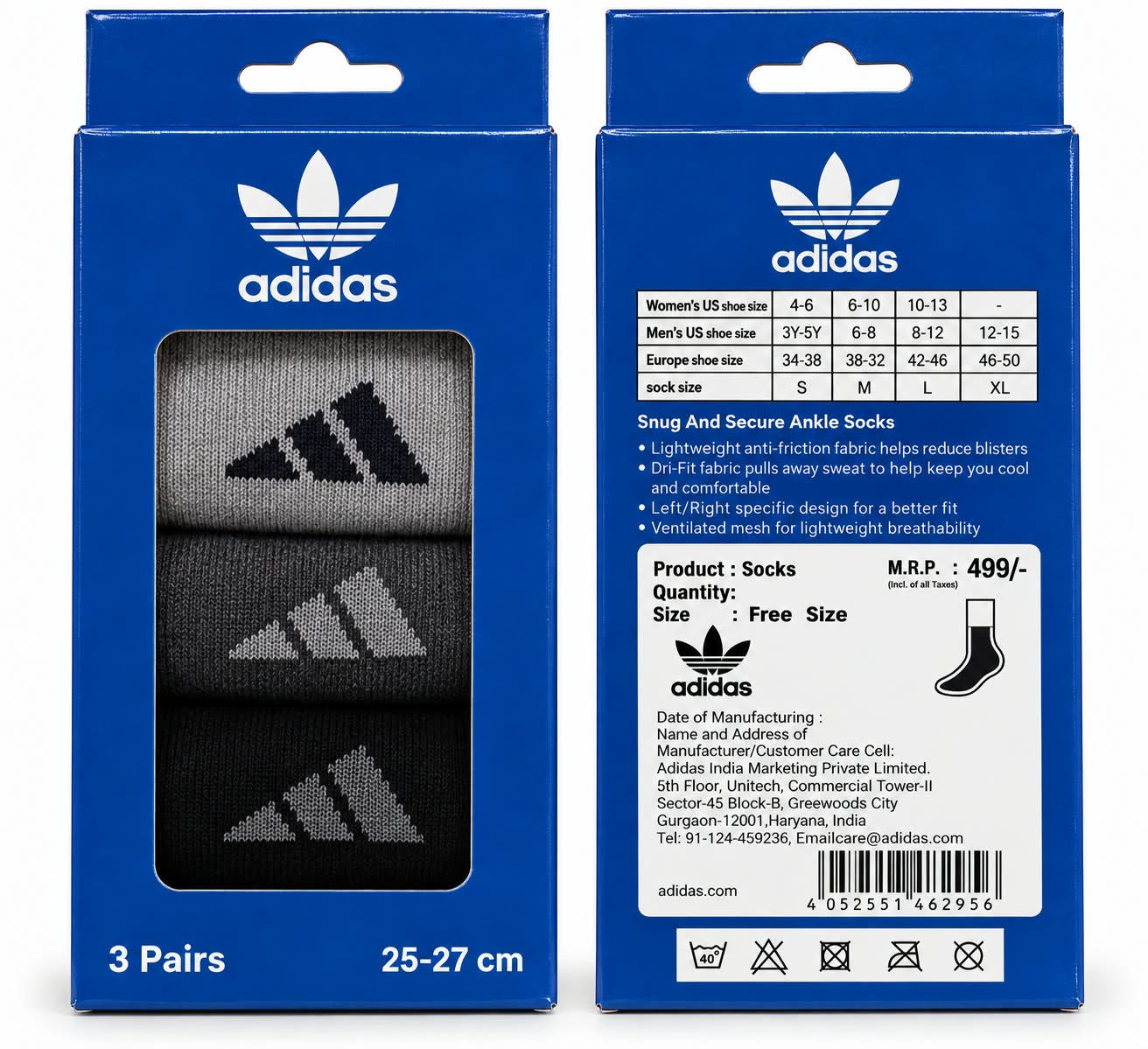 Adidas Sports Ankle Socks – 3 Pairs, 25–27 cm