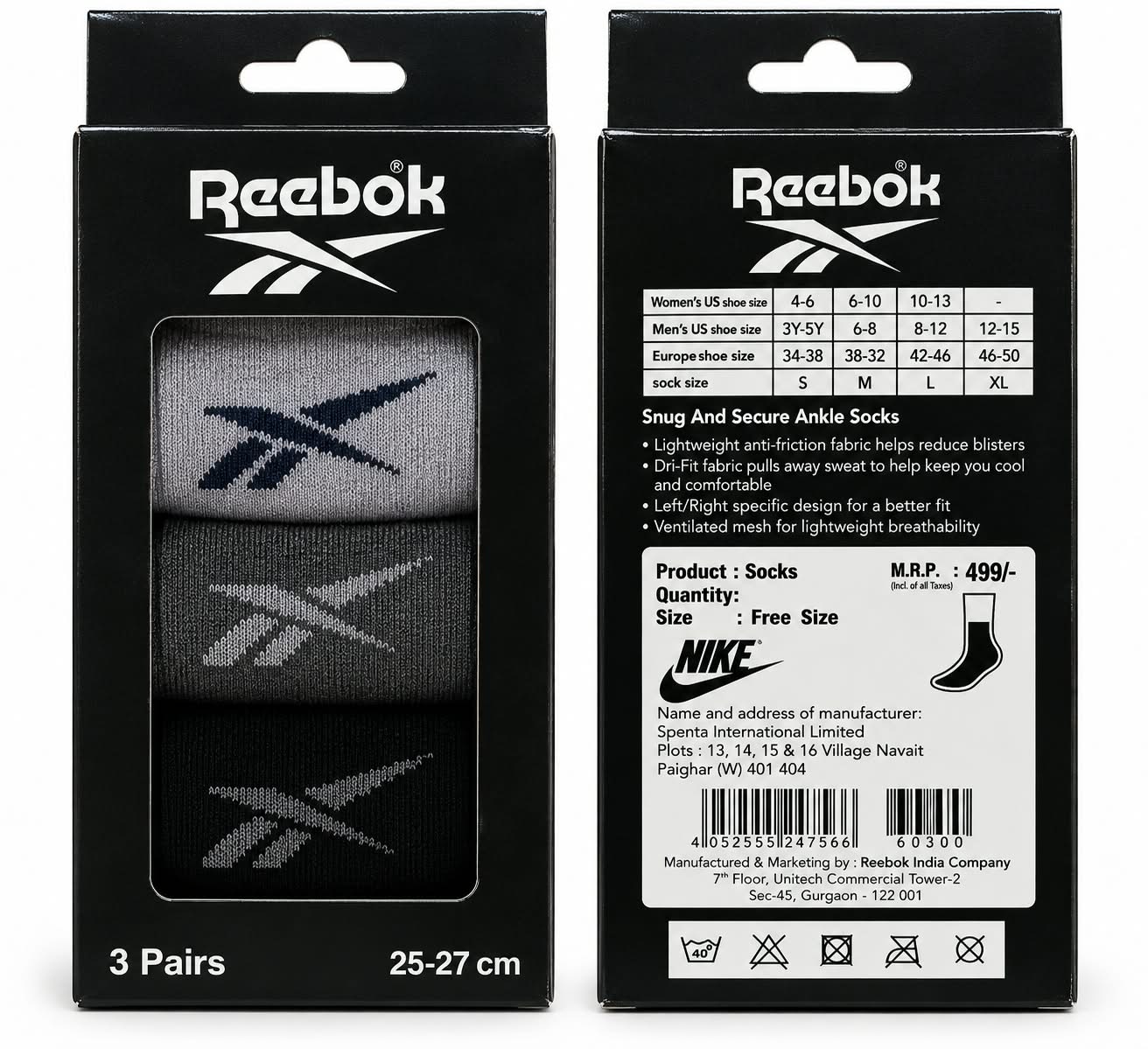 Reebok Sports Ankle Socks – 3 Pairs, 25–27 cm