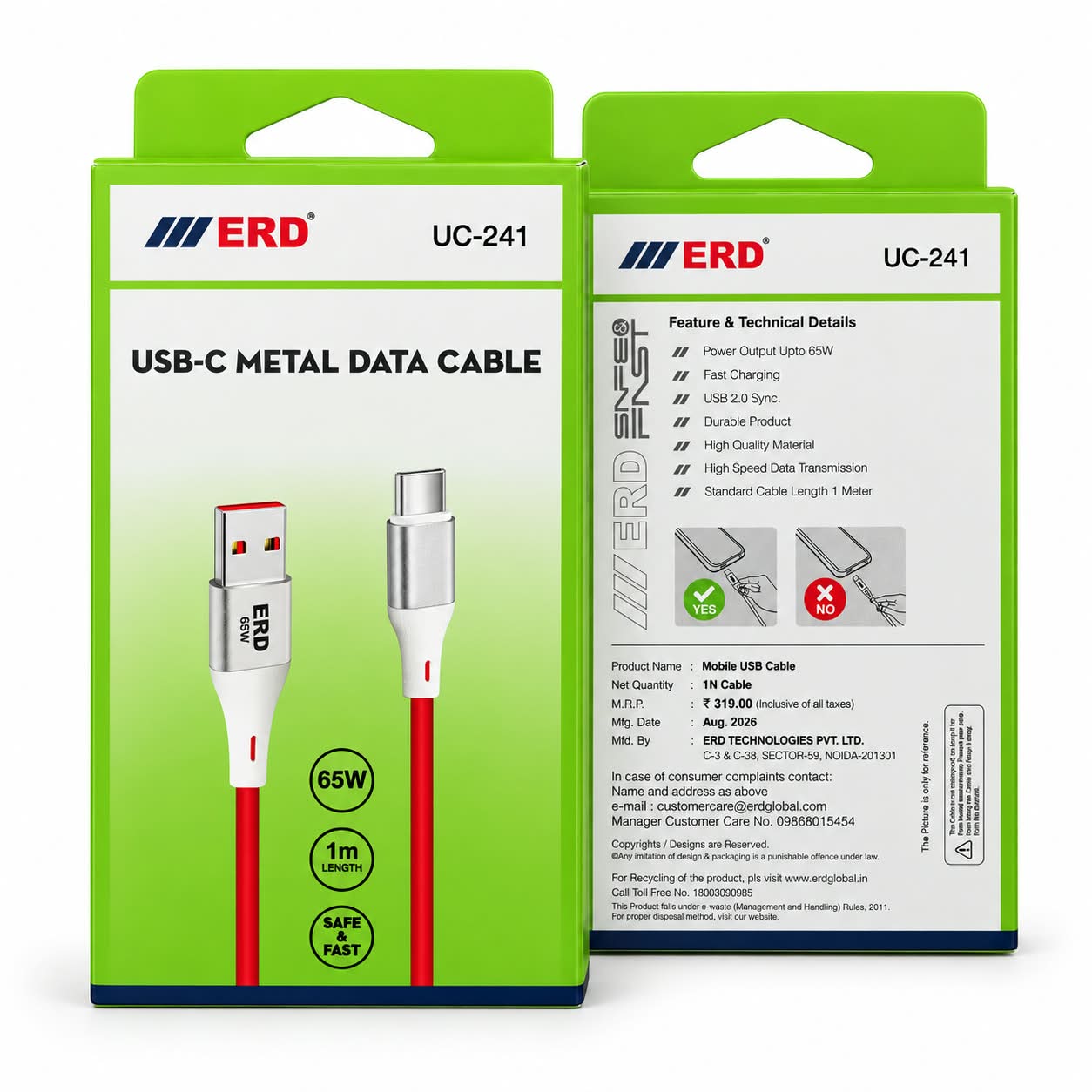ERD UC-241 65W USB-A to Type-C Metal Data Cable – 1 Meter