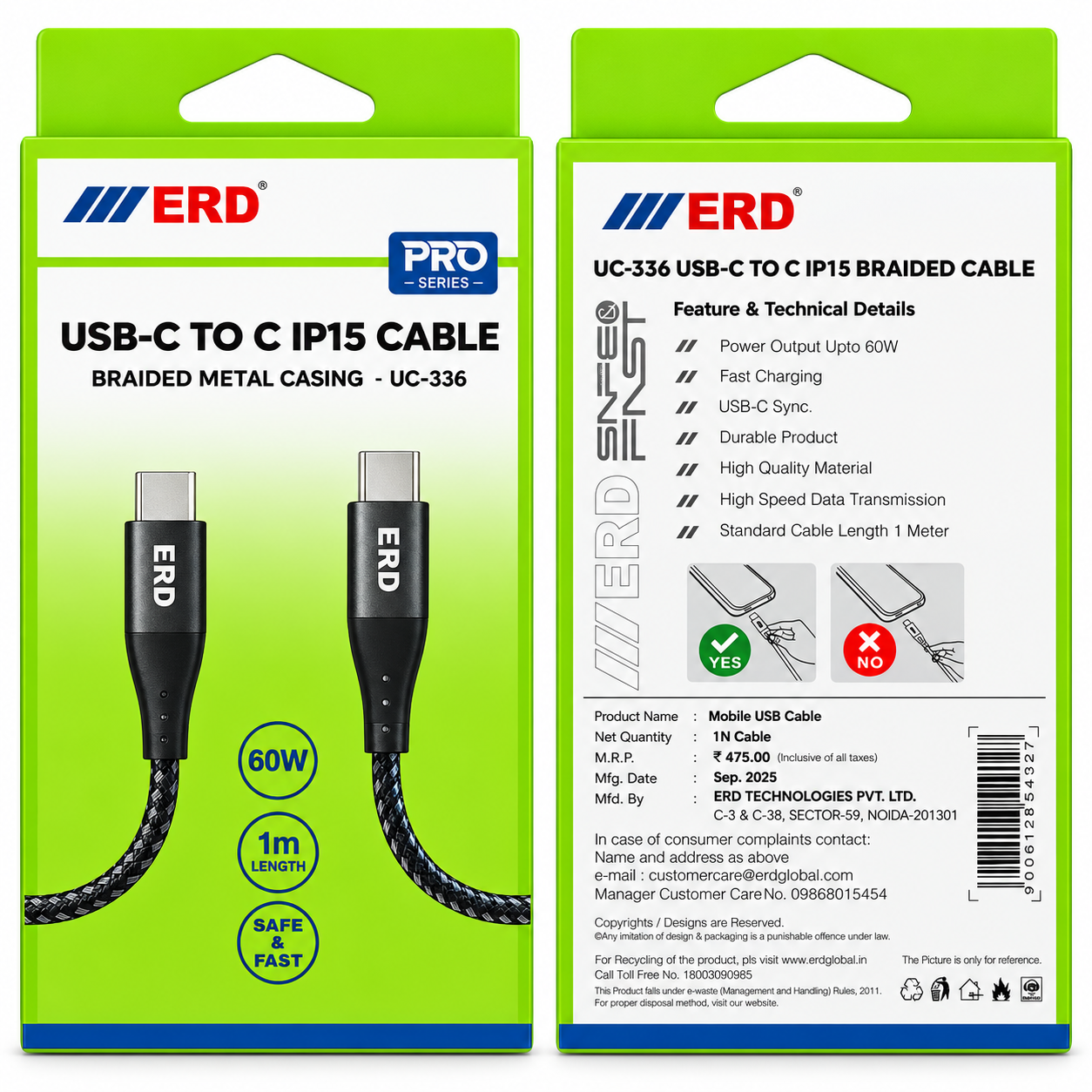 ERD UC-336 USB-C to USB-C IP15 Braided Metal Charging & Data Cable – 60W, 1 Meter