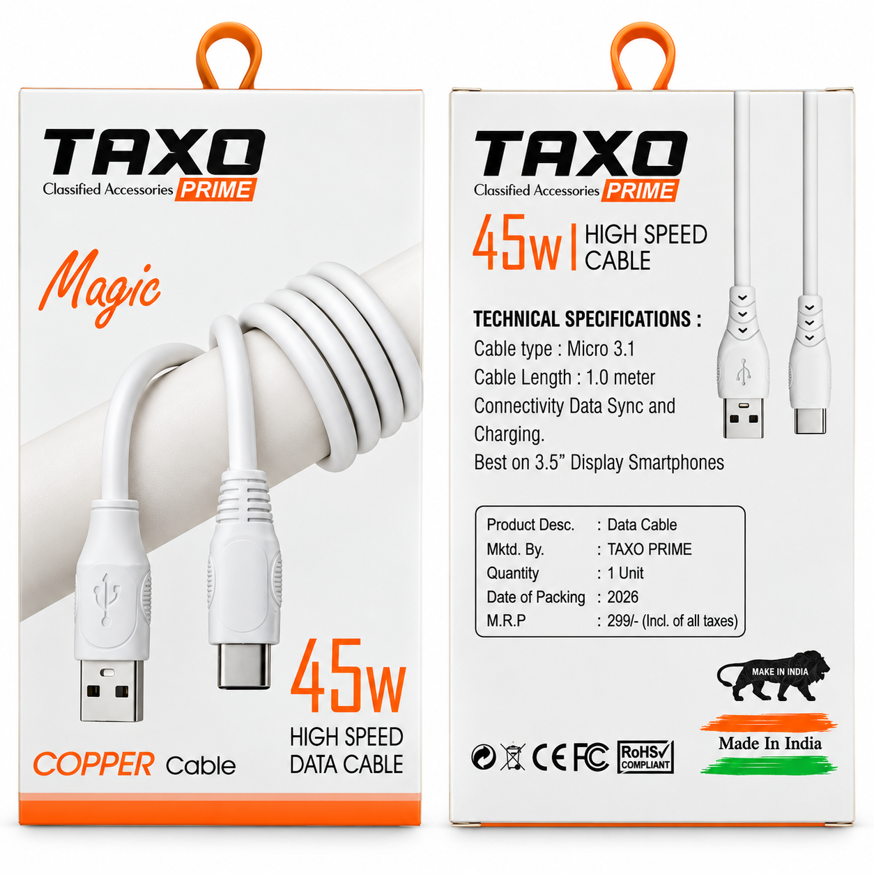 TAXO PRIME Magic USB-A to Type-C Fast Charging & Data Cable – 45W, 1 Meter