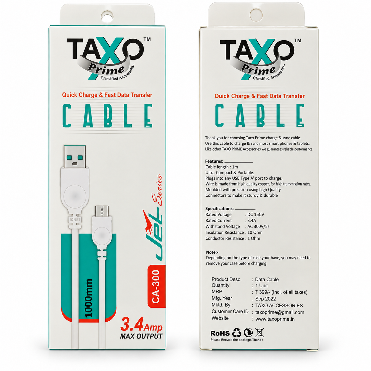 TAXO Prime CA-300 Jet Series USB-A to Micro USB Fast Charging & Data Cable – 3.4A, 1