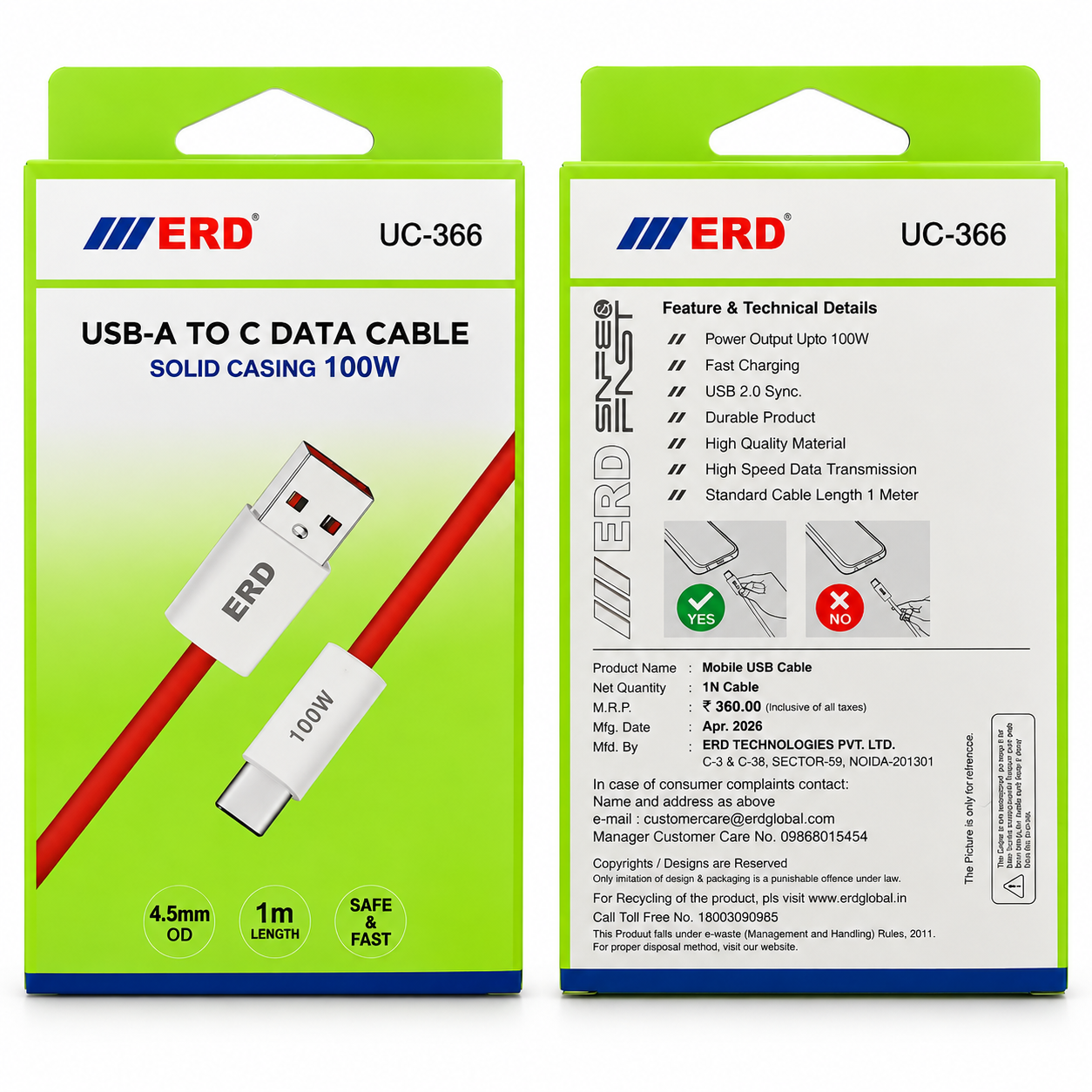ERD UC-366 USB-A to Type-C Fast Charging Data Cable – 100W, 1 Meter  Product Description