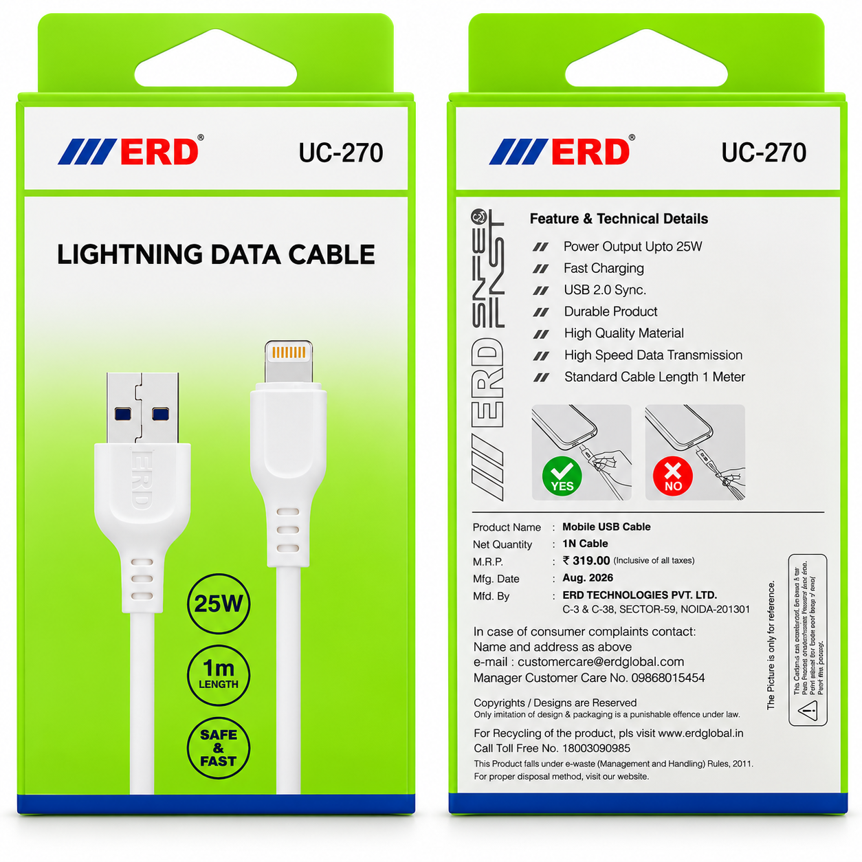 ERD UC-270 Lightning Data Cable – 25W Fast Charging & USB 2.0 Sync, 1 Meter