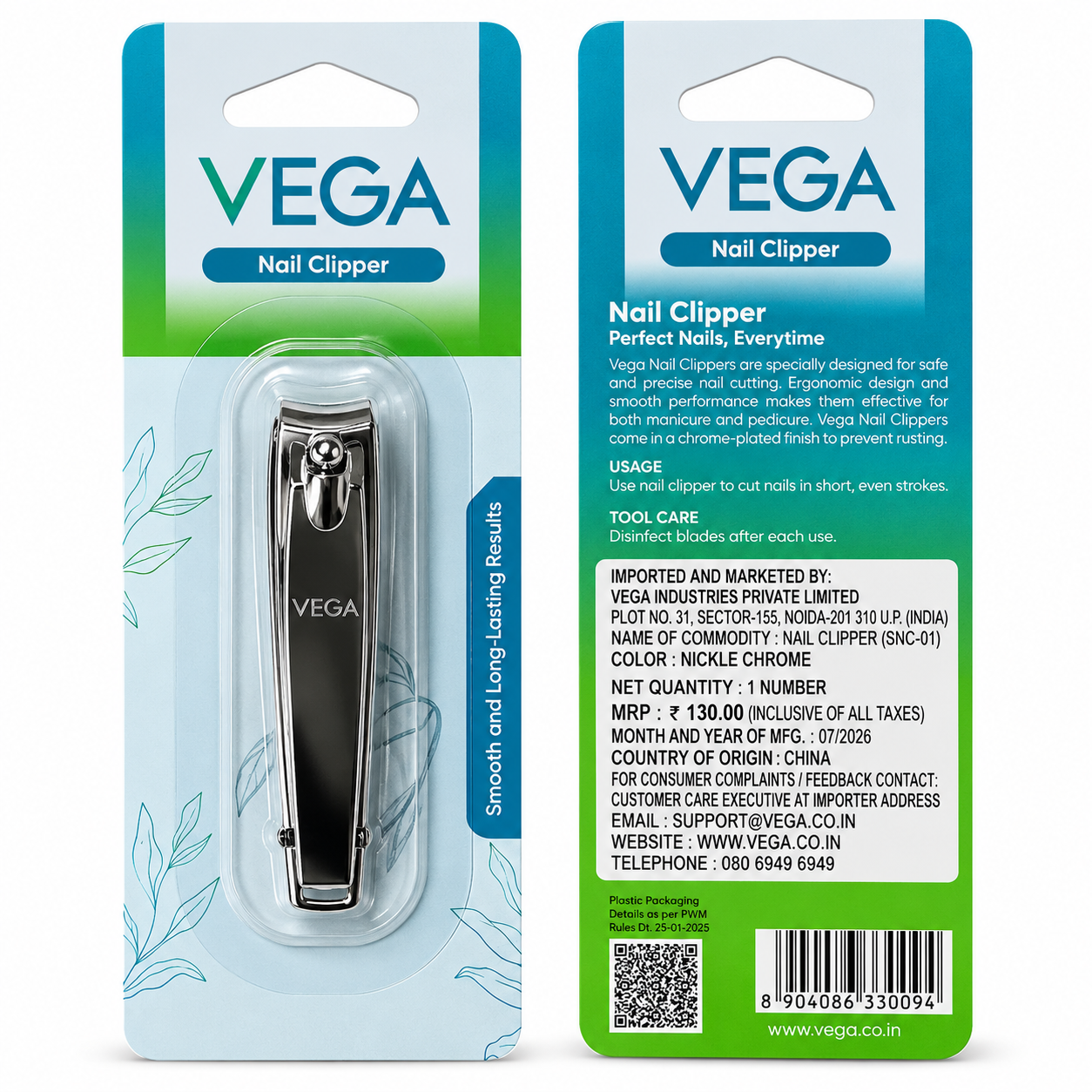 VEGA Nail Clipper for Men & Women – Nickel Chrome Finish, Ergonomic Design, Smooth & Precise Nail Cutting, 1 Piece