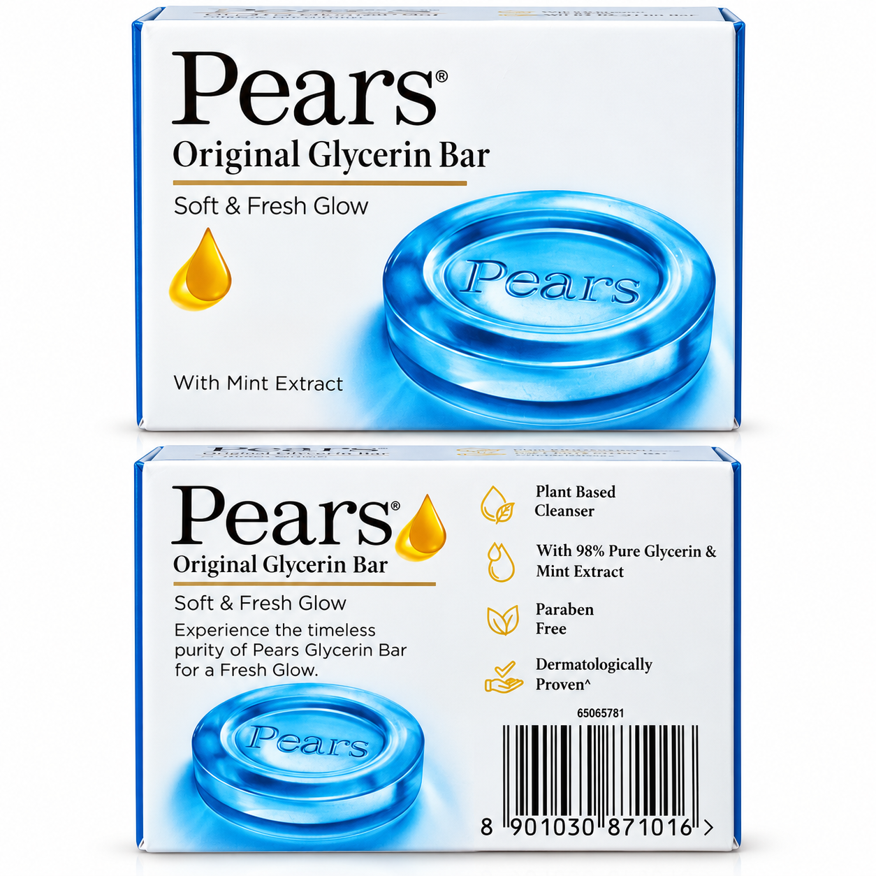 Pears Original Glycerin Bar Soap – Soft & Fresh Glow with 98% Pure Glycerin & Mint Extract, Plant-Based Cleanser, Paraben Free