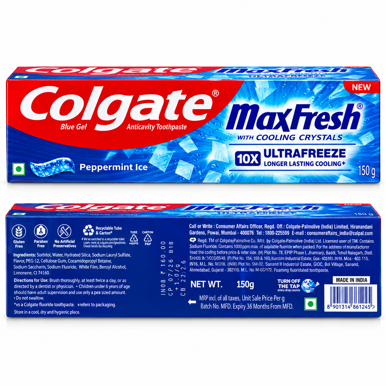 Colgate MaxFresh Blue Gel Anticavity Toothpaste – Peppermint Ice with Cooling Crystals, 150 g