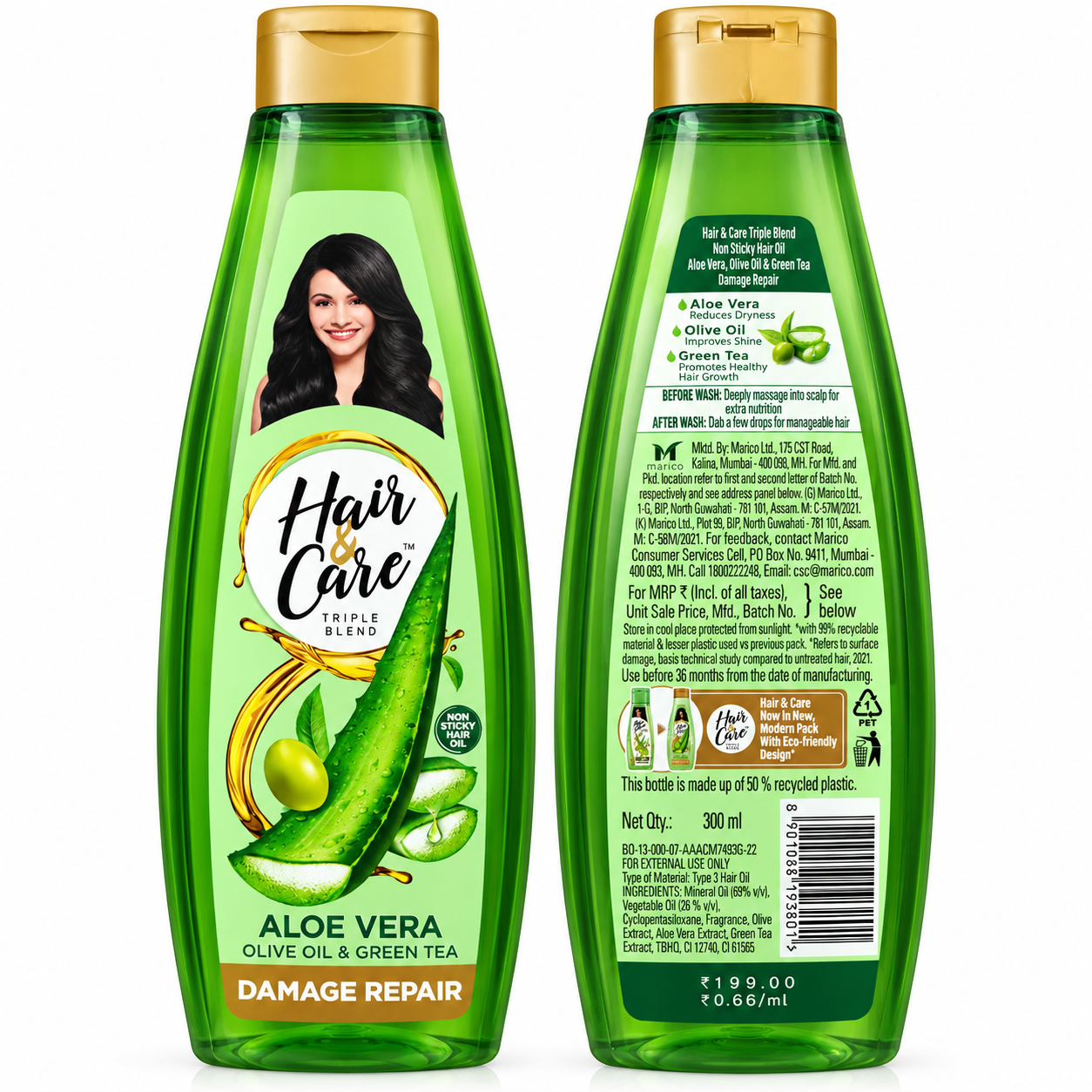 Hair & Care Triple Blend Aloe Vera, Olive Oil & Green Tea Hair Oil – Damage Repair, 300 ml