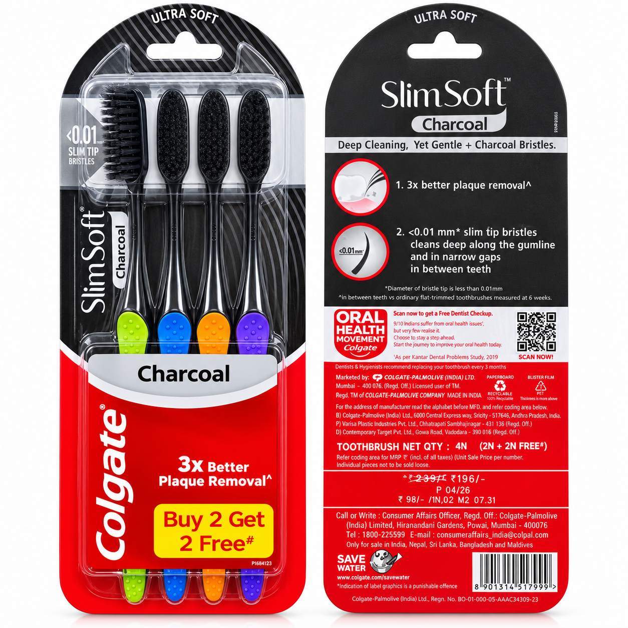 Colgate SlimSoft Charcoal Ultra Soft Toothbrush – 4 Count (2 + 2 Free)