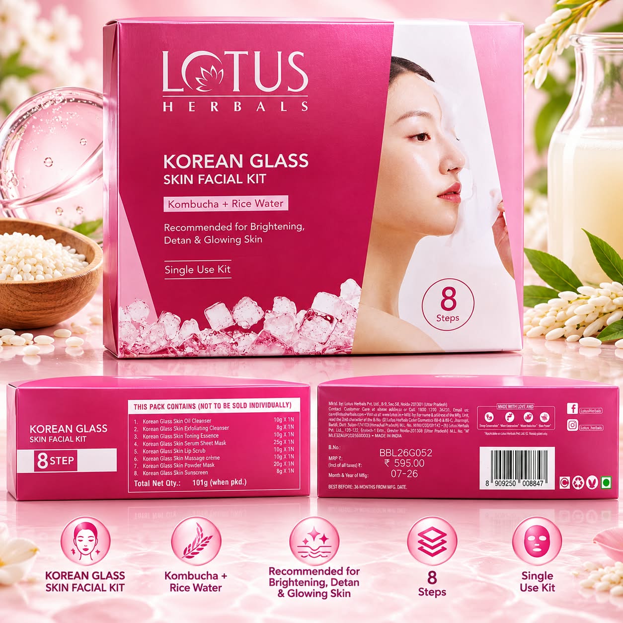 Lotus Herbals Korean Glass Skin Facial Kit – Kombucha + Rice Water, 8-Step Single Use Kit