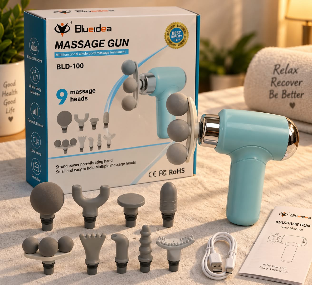 Bluedea BLD-100 Rechargeable Full Body Massage Gun with 9 Massage Heads